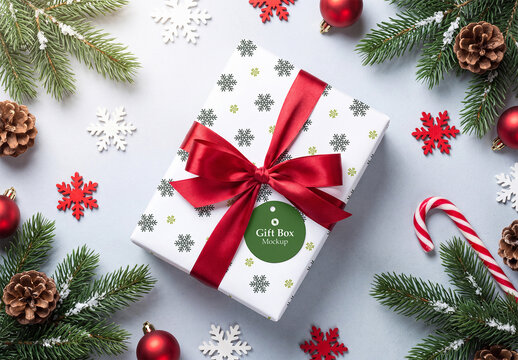 Christmas Gift Box Mockup with Red Ribbon