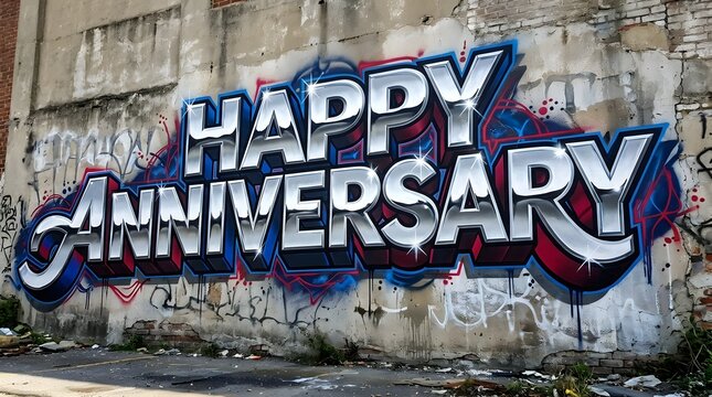 Blue and white happy anniversary graffiti lettering with bold outlines and a layered urban style against a weathered wall.