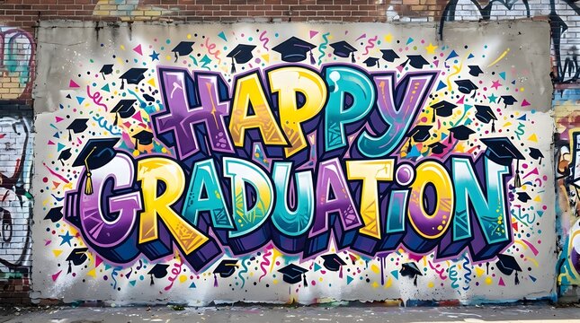 Purple and yellow happy graduation graffiti lettering with thick outlines, layered colors, and expressive street art on a concrete wall.