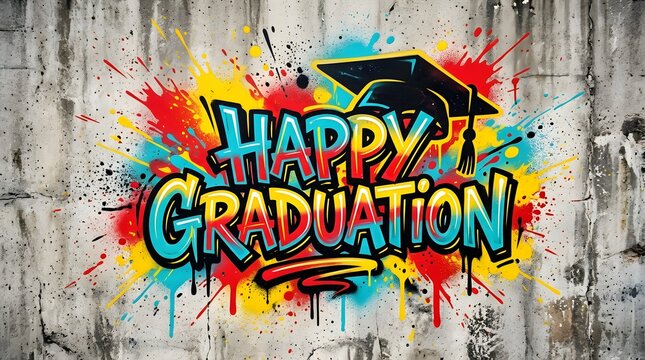 Colorful happy graduation graffiti lettering surrounded by vibrant paint splashes and bold urban graphics on a light textured background.