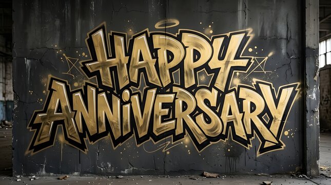 Gold and black happy anniversary graffiti lettering on a weathered concrete wall, featuring bold street art and a metallic finish.
