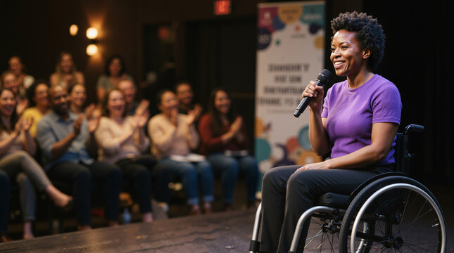 Smiling Black woman in a wheelchair speaking into a microphone on stage. Diverse audience clapping in the background during a presentation. Disability History Month and inclusion concept