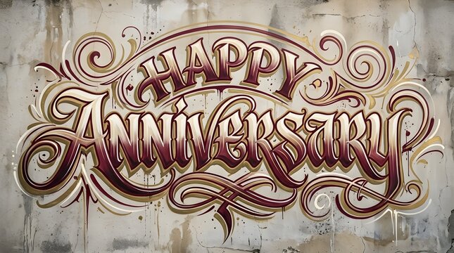 Ornate vintage Happy Anniversary lettering in warm cream and antique gold, featuring decorative flourishes and an elegant classic design for romantic occasions.
