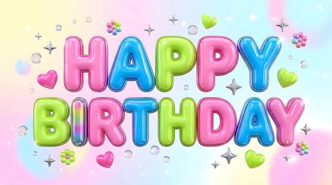 Bright pastel bubble-style Happy Birthday lettering with rounded multicolored shapes and a playful appearance, ideal for cheerful birthday cards and party graphics.