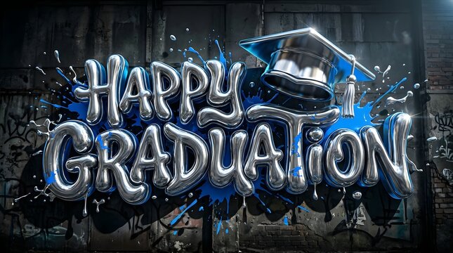 Reflective chrome Happy Graduation typography with sculpted metallic letters and a graduation cap, creating a premium design for academic success.