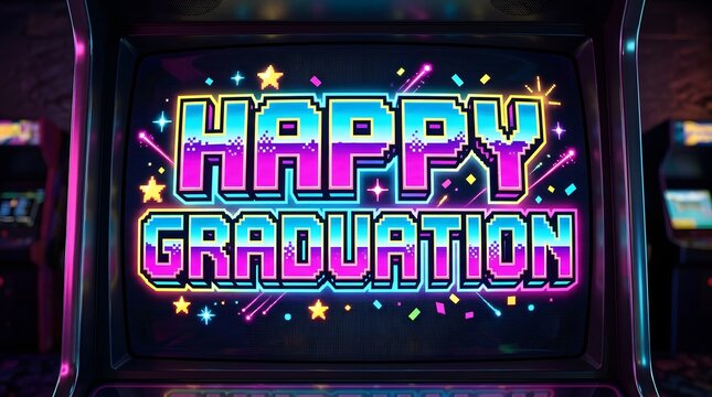 Bright pixel-inspired Happy Graduation typography with colorful block lettering, playful stars, and retro gaming aesthetics for a lively graduation greeting.