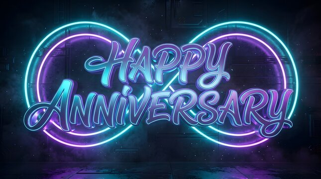 Glowing purple and cyan Happy Anniversary lettering framed by luminous heart shapes on a dark background, celebrating love and togetherness.