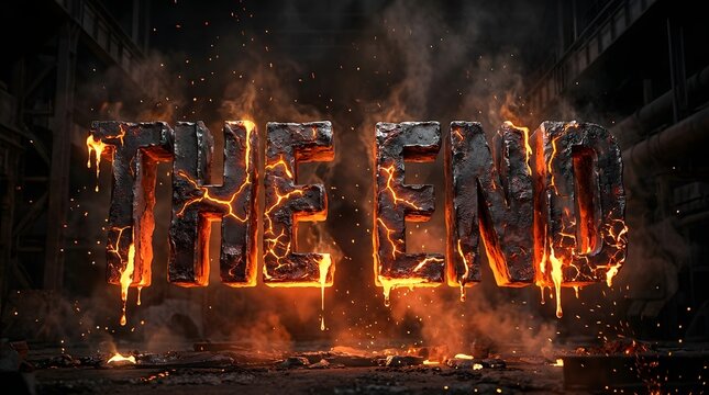 Fiery orange 3D THE END typography glowing against a dark textured background, creating a dramatic cinematic finale atmosphere.Fiery orange 3D THE END typography glowing against a dark textured backgr