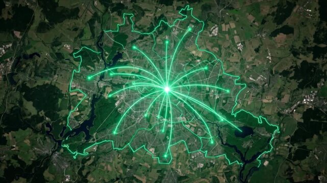 ベルリン全域の衛星地図に展開する量子通信ネットワークと区界線の光の様子