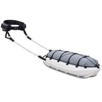 Dog sled harness with attached white sled and grey gear bag, isolated on transparent background. Dog mushing, winter sports, pet training equipment.
