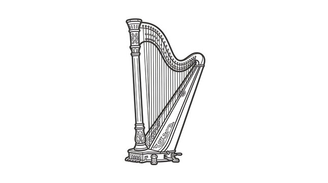 Black and white line art illustration of a classical orchestral harp on white background