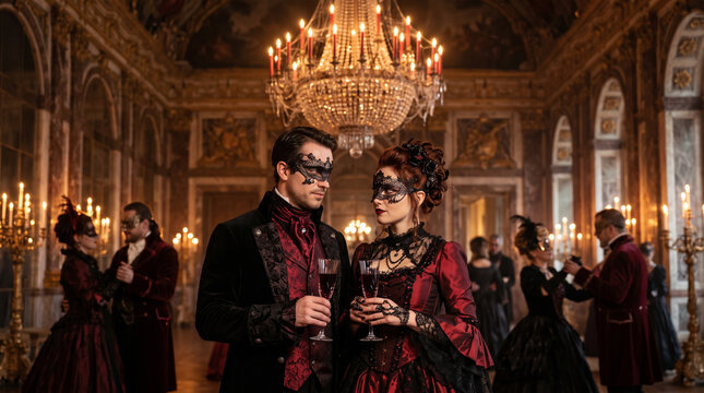 Pareja elegante con m&aacute;scaras de filigrana y trajes victorianos brindando en un sal&oacute;n de baile iluminado con velas durante una fiesta g&oacute;tica.