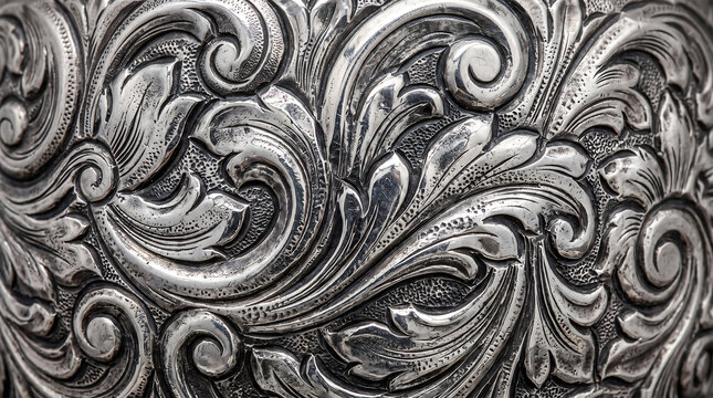 Silver metal surface with intricate embossed floral scrollwork patterns and textured background