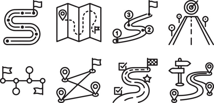 Minimalist route map and navigation icons set