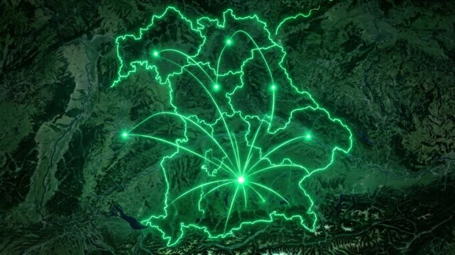 バイエルン州全域の衛星地図に広がる量子ネットワークと行政境界線の様子
