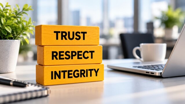 Trust Respect and Integrity Words on Stacked Yellow Wooden Blocks Representing Core Business Ethics and Values