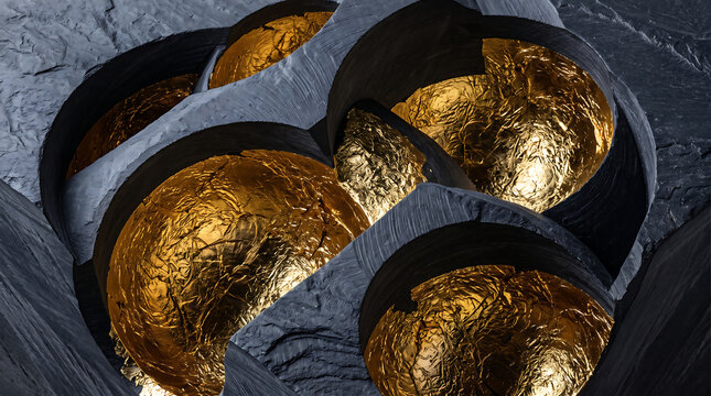 Gold spheres inside dark stone cavities with textured surfaces and reflective metallic foil