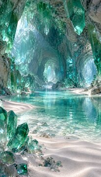Emerald green crystal cave with clear turquoise water and white sand