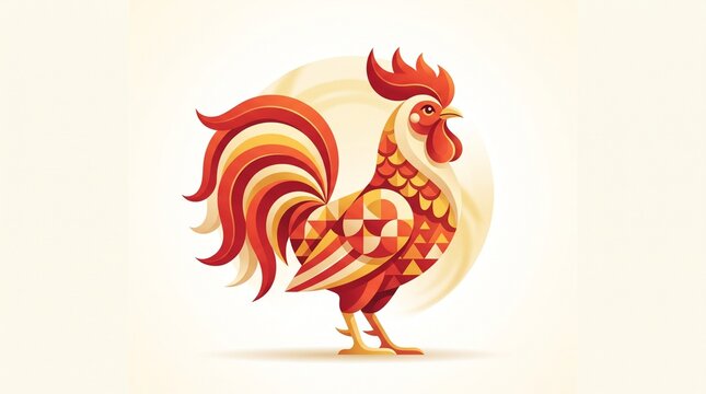 Colorful rooster standing in profile with geometric patterned feathers  
