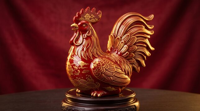 Ornate rooster figurine with golden patterns on a red background