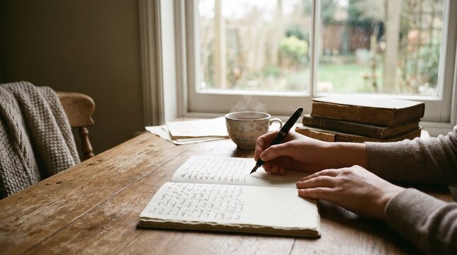 Quiet Afternoon Journaling with Books and Tea.
Person writing in a paper journal beside books and a cup of tea.