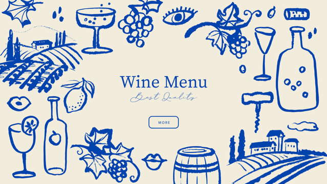 Wine sketch frame, crayon hand drawn background. Doodle wine poster, menu design concept. Vector sketch line art illustration. Mediterranean food and drink banner.