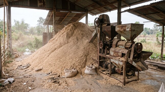 Pile of rice husks beside a milling machine in a rural shed
