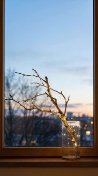 scandinavian minimalist holiday decor with fairy lights wrapped around bare branches