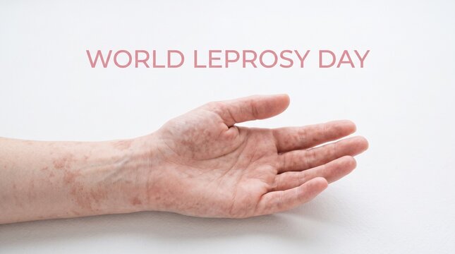 World leprosy day awareness concept with a human hand and the text promoting disease awareness and support