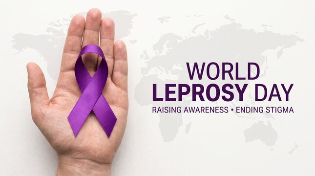 A caring hand carefully holds a vibrant purple ribbon representing global awareness and dedicated support for world leprosy day and the fight to eliminate this