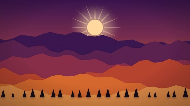 Minimalist Vector Mountain Landscape with Glowing Rising Sun and Pine Tree Silhouettes at Sunset