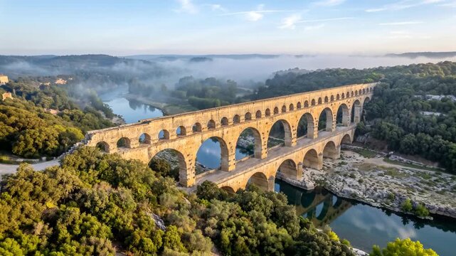 aerial view of pont du gard bridge at morning sunlight in france video