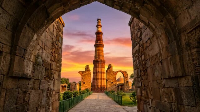 arch of qutb minar in delhi at sunset light in india, timelapse video