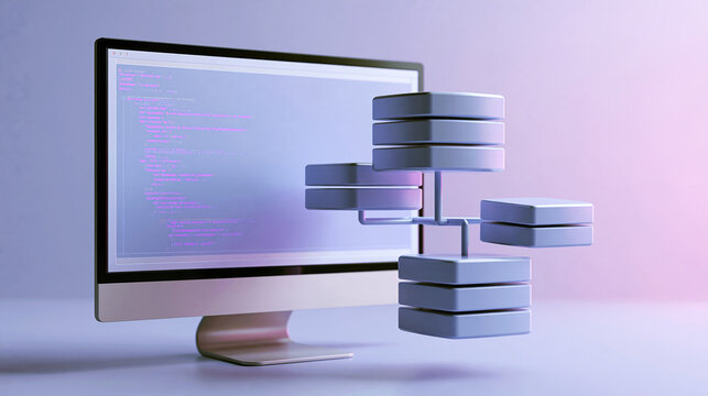 Minimal conceptual image of a clean code editor window beside connected relational database tables floating on a computer screen, soft gradient background, SQL development, data qu