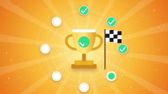Golden trophy and checkered flag animation with progress checkmarks