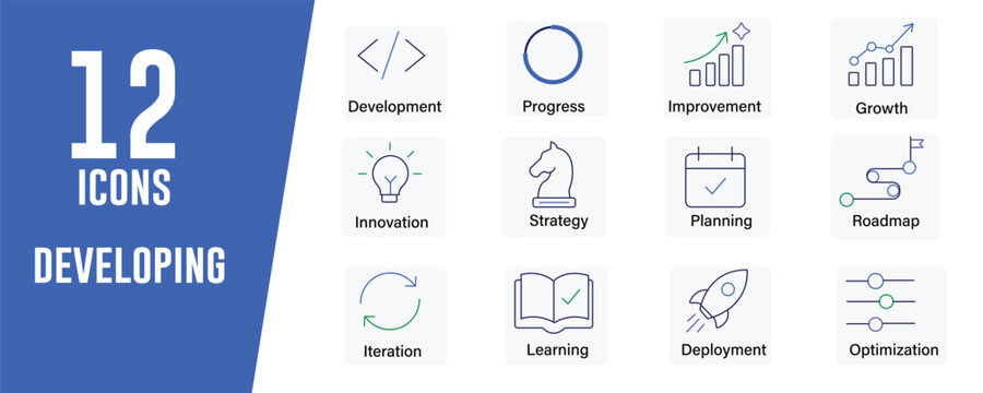 Developing icon set. Contains icons related to Development, progress, and more. Editable stroke. Vector illustration.