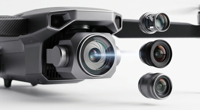 Close up of camera drone with interchangeable optical lenses on light background, professional aerial photography equipment and cinematography concept