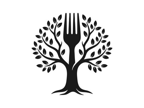 Minimalist tree fork logo vector, organic food restaurant icon, black silhouette of a tree with fork trunk for farm to table branding