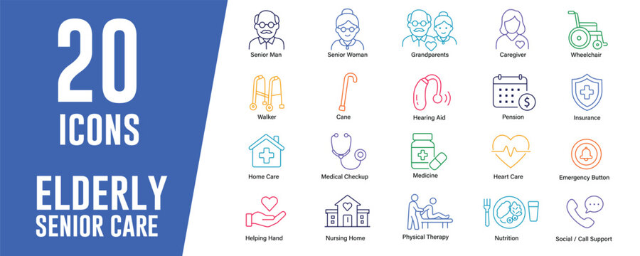 Elderly Senior Care icon set. Contains icons related to a senior man, senior woman, and more. Editable stroke. Vector illustration.