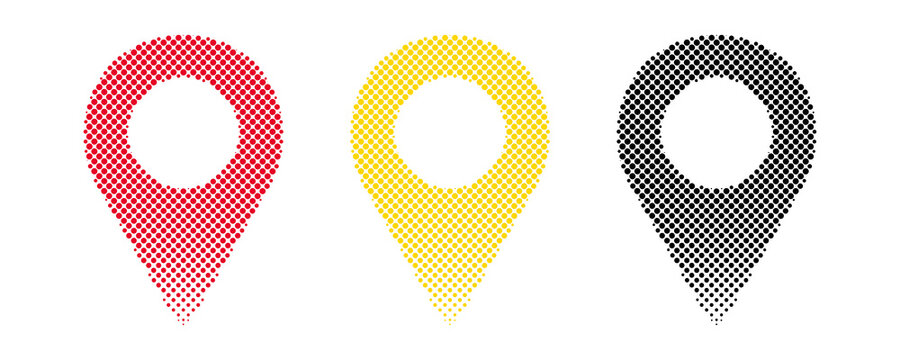 Halftone Location Pin Icons Set in Red Yellow and Black Isolated on Transparent Background