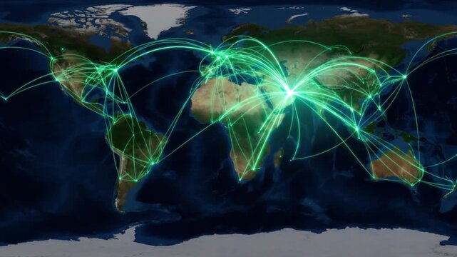 ドバイを起点に世界地図へ展開する航空路量子ネットワークの様子