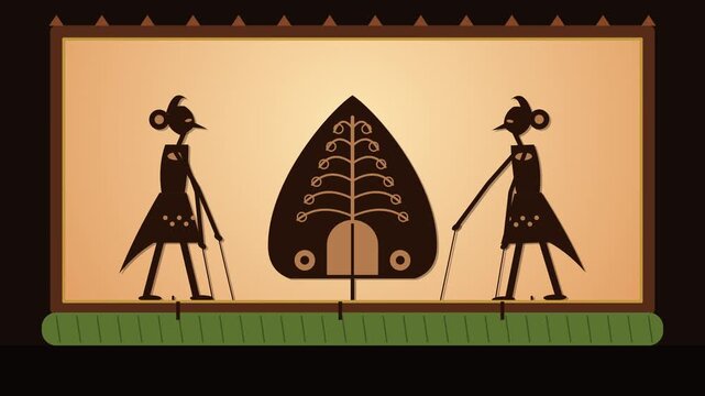 Shadow Puppet Theater Screen With Flickering Oil Lamp Glow