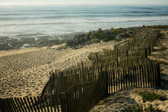 Weathered wooden dune fences lining a sandy beach beside a rocky ocean shoreline with waves and distant people