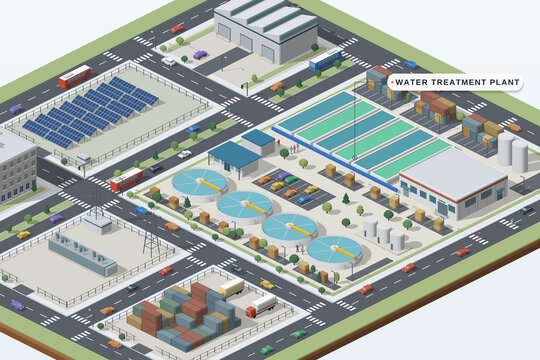 Isometric water treatment works with clarifiers and drying beds