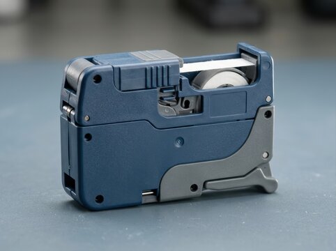 fiber optic cleaning cassette Compact black label maker device on a gray surface background
