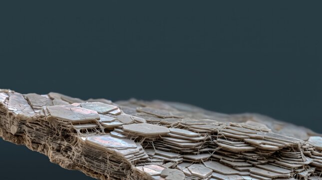 Closeup of a layered mineral structure showing hexagonal crystal plates and fibrous textures, captured in a detailed macro photograph with a dark, neutral background