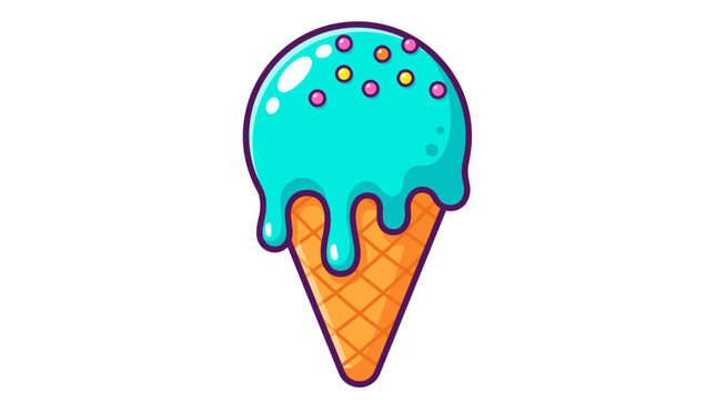Cartoon illustration of a single scoop of melting teal ice cream on a waffle cone with colorful round candy sprinkles, isolated on a white background for summer dessert themes.