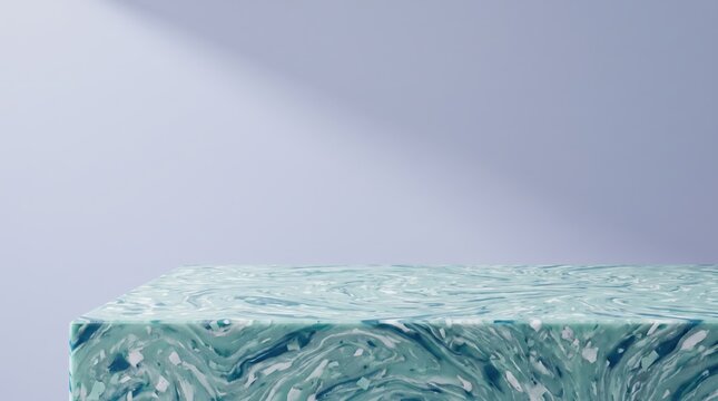 Empty podium with a marbled blue and white surface texture against a soft purple background for product display and presentation