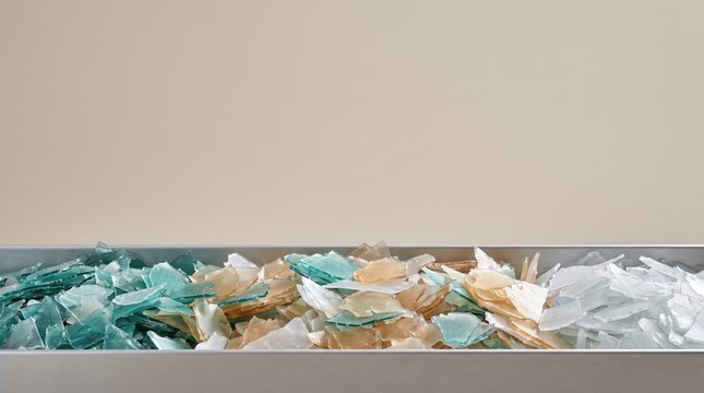 Closeup of a metal tray filled with assorted colorful glass shards and fragments, showcasing a mix of blue, amber, and clear pieces against a neutral background