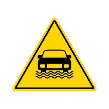 Flood warning traffic sign icon with car in water